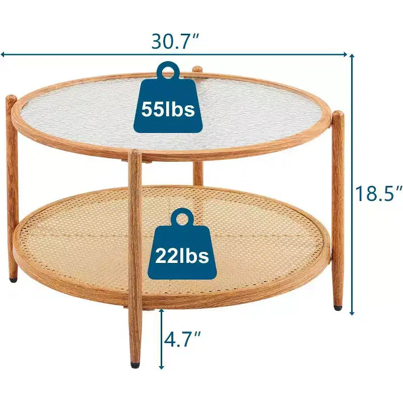 Table basse en rotin VINGLI 30, table basse ronde en verre ondulé et métal avec 2 niveaux de rangement, pour salon, ambiance naturelle