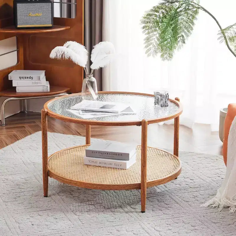 Table basse en rotin VINGLI 30, table basse ronde en verre ondulé et métal avec 2 niveaux de rangement, pour salon, ambiance naturelle