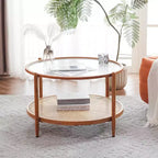 Table basse en rotin VINGLI 30, table basse ronde en verre ondulé et métal avec 2 niveaux de rangement, pour salon, ambiance naturelle