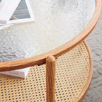 Table basse en rotin VINGLI 30, table basse ronde en verre ondulé et métal avec 2 niveaux de rangement, pour salon, ambiance naturelle