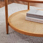 Table basse en rotin VINGLI 30, table basse ronde en verre ondulé et métal avec 2 niveaux de rangement, pour salon, ambiance naturelle