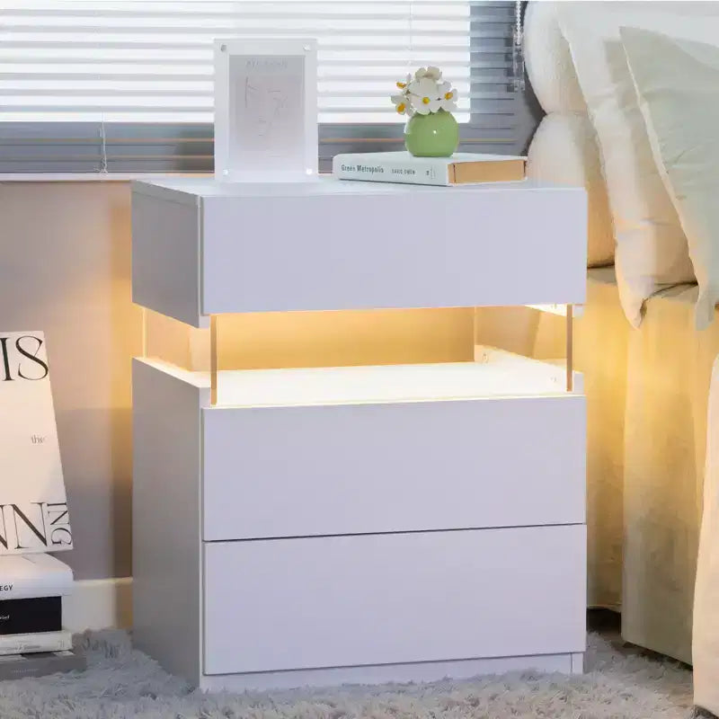 Tables de chevet à LED, commode à 3 tiroirs pour chambre à coucher, table d'appoint avec panneau en acrylique, tables de chevet à LED pour chambre à coucher, salon, meubles de chevet (blanc)