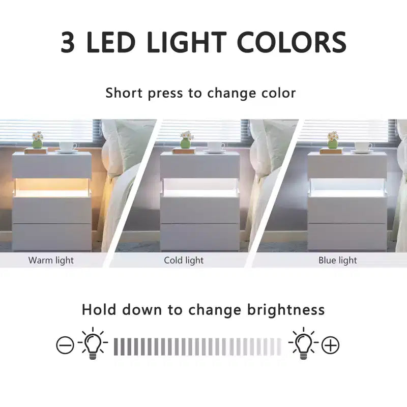Tables de chevet à LED, commode à 3 tiroirs pour chambre à coucher, table d'appoint avec panneau en acrylique, tables de chevet à LED pour chambre à coucher, salon, meubles de chevet (blanc)