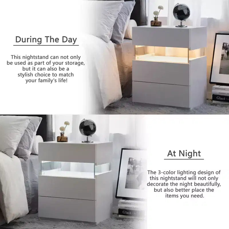 Tables de chevet à LED, commode à 3 tiroirs pour chambre à coucher, table d'appoint avec panneau en acrylique, tables de chevet à LED pour chambre à coucher, salon, meubles de chevet (blanc)