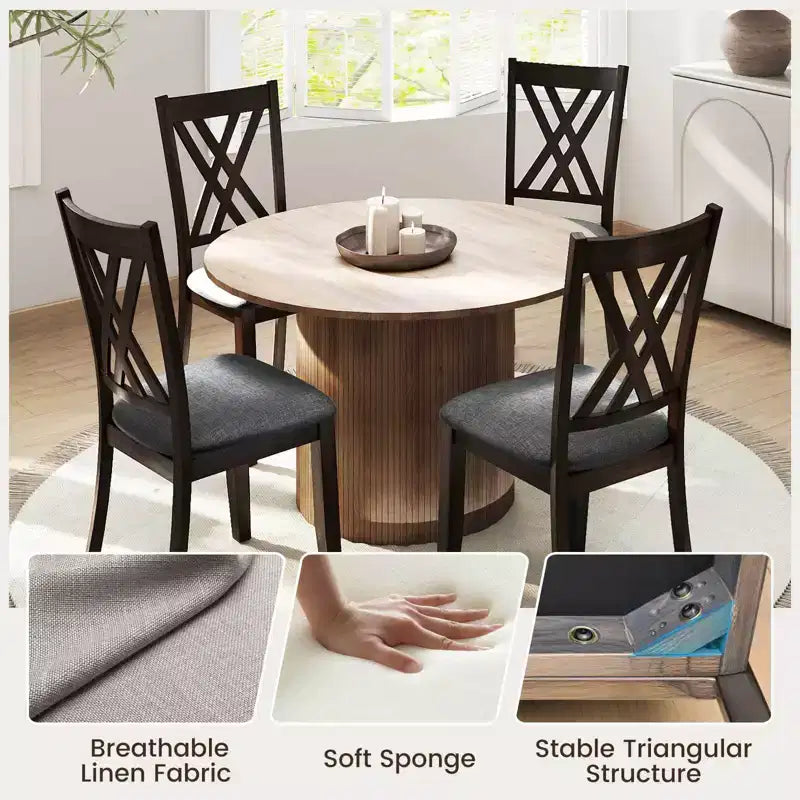 Costway Lot de 4 chaises de cuisine sans accoudoirs en tissu de lin, rembourrées, avec cadre en bois d'hévéa, gris/naturel