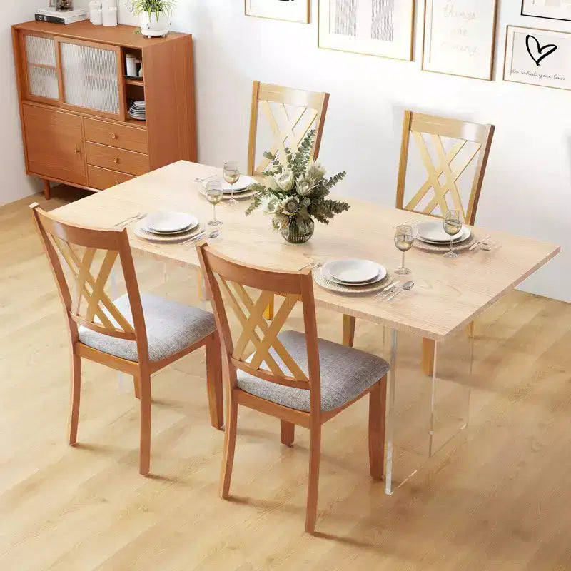 Costway Lot de 4 chaises de cuisine sans accoudoirs en tissu de lin, rembourrées, avec cadre en bois d'hévéa, gris/naturel