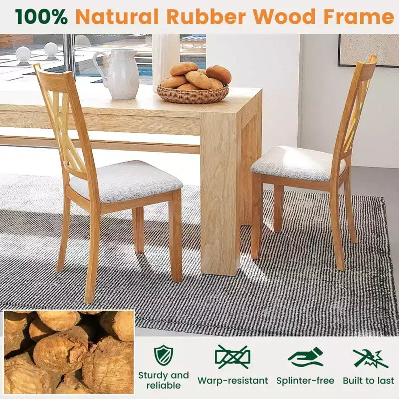 Costway Lot de 4 chaises de cuisine sans accoudoirs en tissu de lin, rembourrées, avec cadre en bois d'hévéa, gris/naturel
