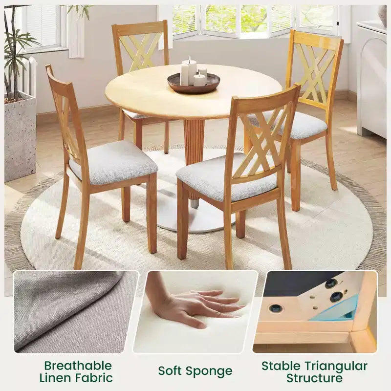 Costway Lot de 4 chaises de cuisine sans accoudoirs en tissu de lin, rembourrées, avec cadre en bois d'hévéa, gris/naturel