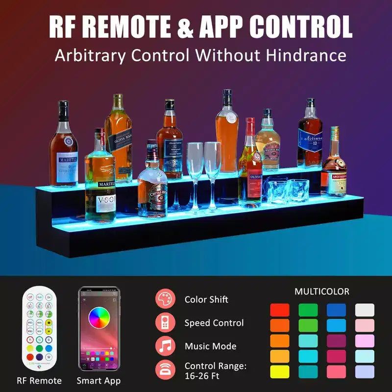 LED Lighted Liquor Shelf 2/3/4 Tier - Acrylic Backlit Bottle Rack with Remote/App Control, Stylish Holder for Home Bar, Wine & Whiskey