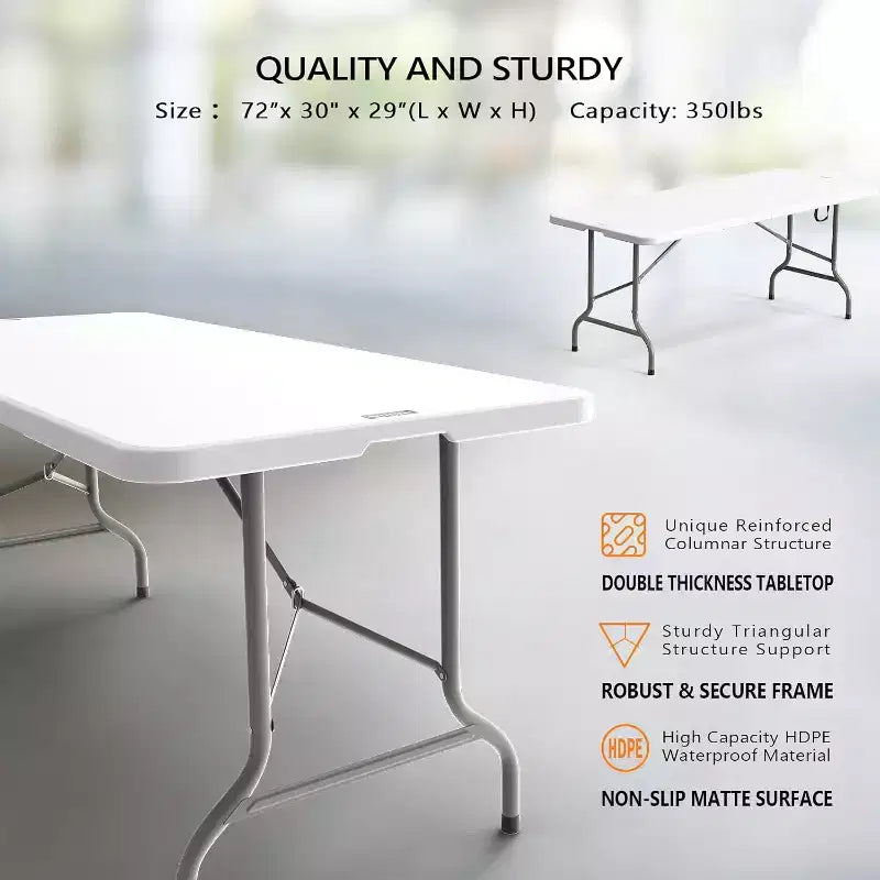 VINGLI 6 Foot Plastic Folding Table Portable Long Table for Indoor Outdoor Use Rectangular with Carrying Handle, Smooth HDPE Tabletop, White