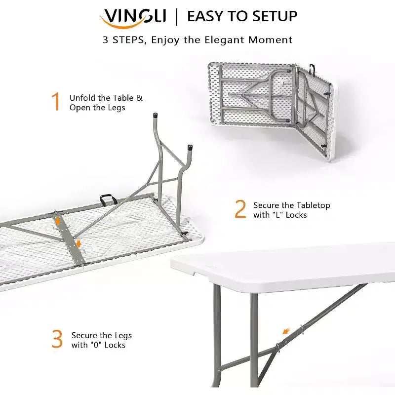 VINGLI 6 Foot Plastic Folding Table Portable Long Table for Indoor Outdoor Use Rectangular with Carrying Handle, Smooth HDPE Tabletop, White