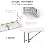 VINGLI 6 Foot Plastic Folding Table Portable Long Table for Indoor Outdoor Use Rectangular with Carrying Handle, Smooth HDPE Tabletop, White