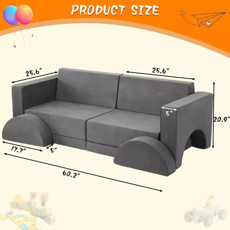 8 PCS Kids Modular Play Couch, Toddler Floor Sofa for Boys and Girls, Convertible Sofa Bed with Machine Washable Cover Multifunctional Play Couch