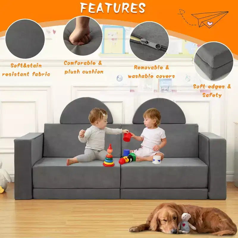 8 PCS Kids Modular Play Couch, Toddler Floor Sofa for Boys and Girls, Convertible Sofa Bed with Machine Washable Cover Multifunctional Play Couch