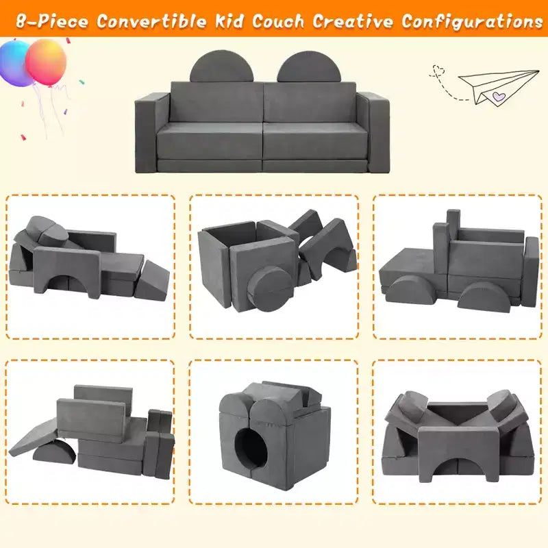 8 PCS Kids Modular Play Couch, Toddler Floor Sofa for Boys and Girls, Convertible Sofa Bed with Machine Washable Cover Multifunctional Play Couch