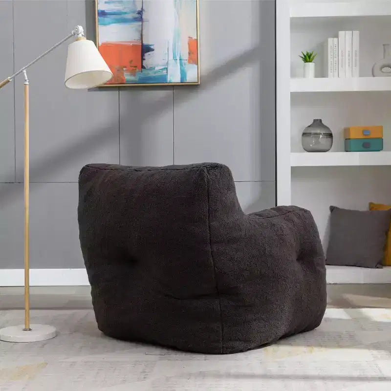 Grand pouf canapé gris foncé avec pochette latérale, fauteuil de sol moelleux pour adultes, idéal pour le jeu et la lecture