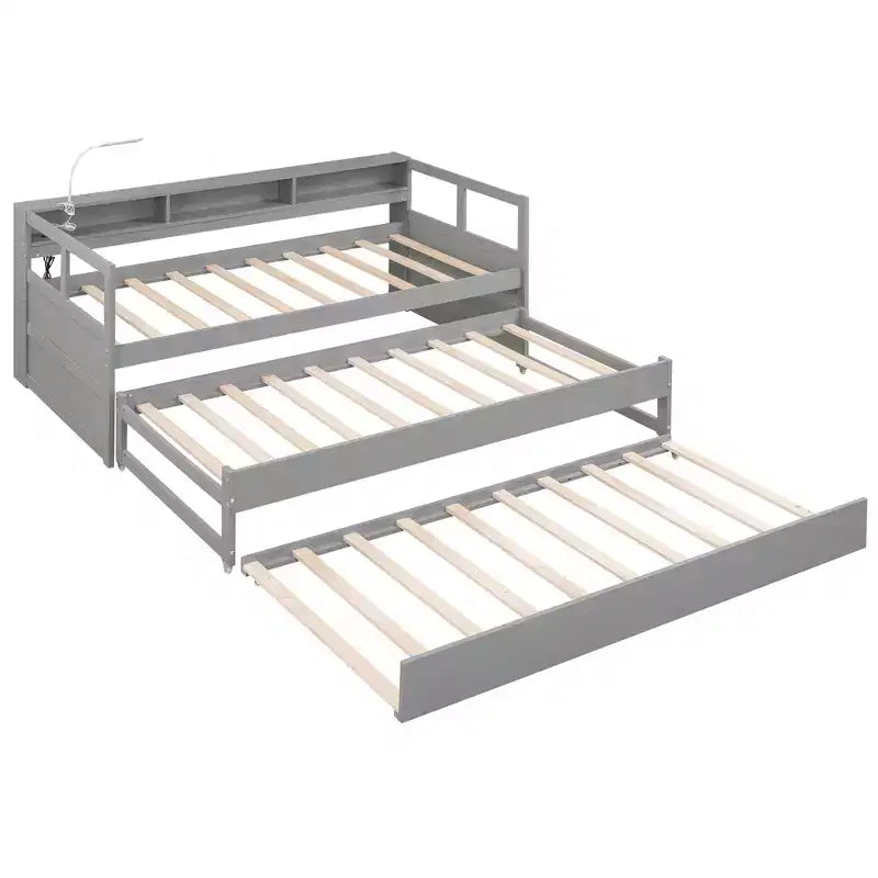 Lit de repos double XL avec 2 lits gigognes et étagères de rangement, cadre de canapé en bois avec port de chargement USB et 1 lampe offerte,