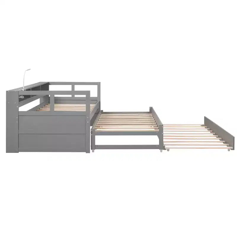 Lit de repos double XL avec 2 lits gigognes et étagères de rangement, cadre de canapé en bois avec port de chargement USB et 1 lampe offerte,