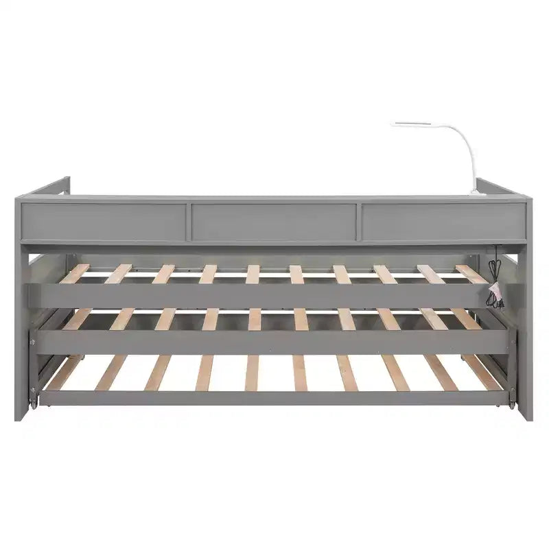 Lit de repos double XL avec 2 lits gigognes et étagères de rangement, cadre de canapé en bois avec port de chargement USB et 1 lampe offerte,