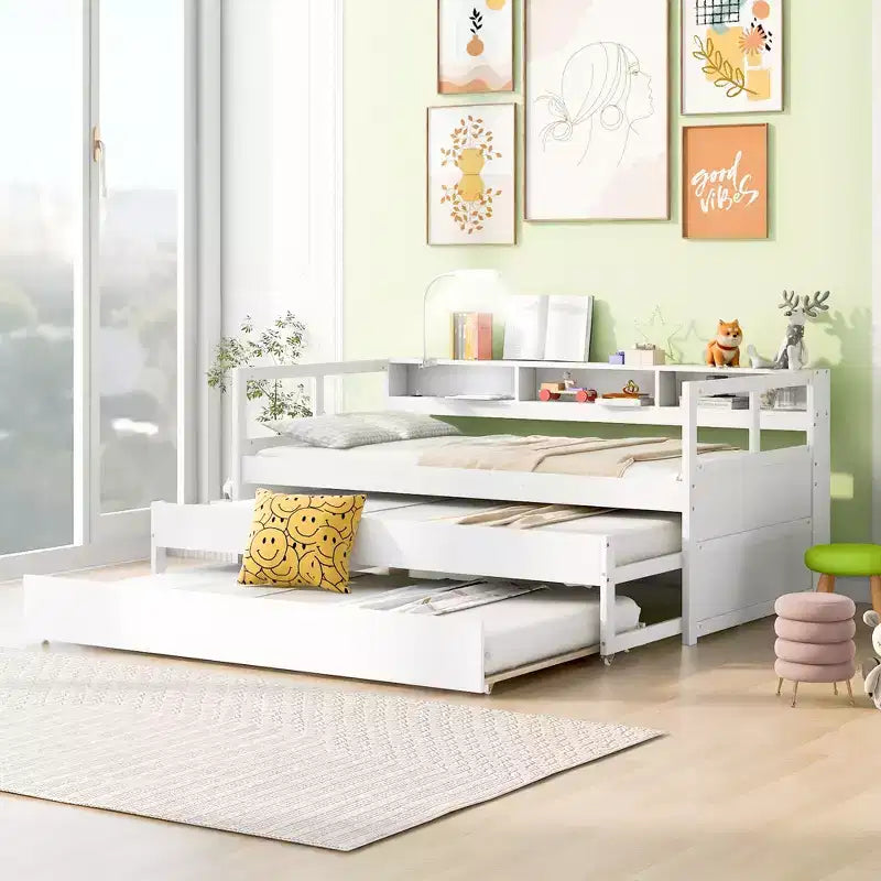 Lit de repos double XL avec 2 lits gigognes et étagères de rangement, cadre de canapé en bois avec port de chargement USB et 1 lampe offerte,