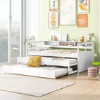 Lit de repos double XL avec 2 lits gigognes et étagères de rangement, cadre de canapé en bois avec port de chargement USB et 1 lampe offerte,