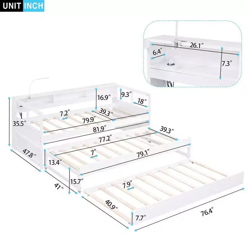 Lit de repos double XL avec 2 lits gigognes et étagères de rangement, cadre de canapé en bois avec port de chargement USB et 1 lampe offerte,