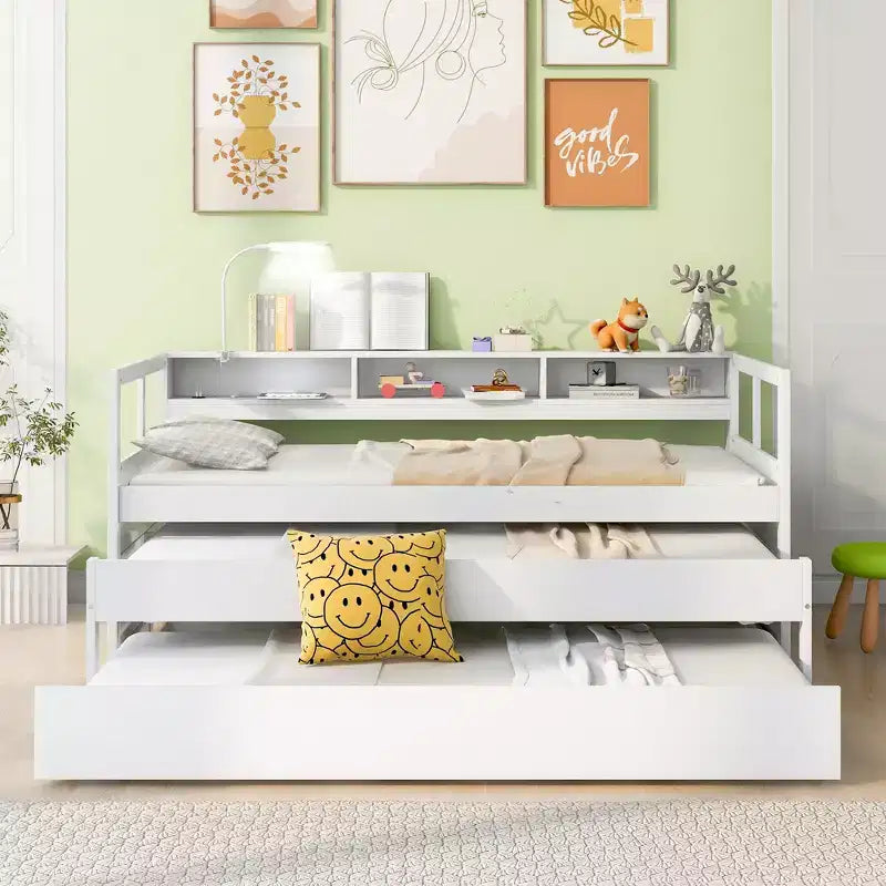 Lit de repos double XL avec 2 lits gigognes et étagères de rangement, cadre de canapé en bois avec port de chargement USB et 1 lampe offerte,