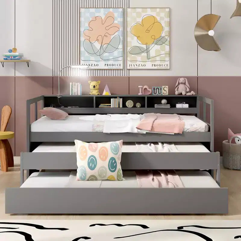 Lit de repos double XL avec 2 lits gigognes et étagères de rangement, cadre de canapé en bois avec port de chargement USB et 1 lampe offerte,