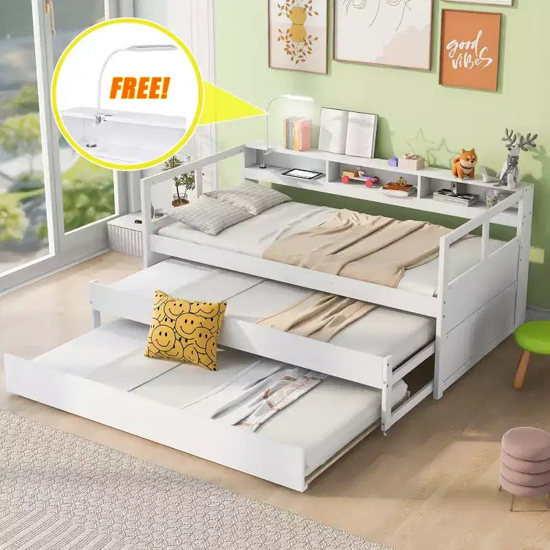 Lit de repos double XL avec 2 lits gigognes et étagères de rangement, cadre de canapé en bois avec port de chargement USB et 1 lampe offerte,