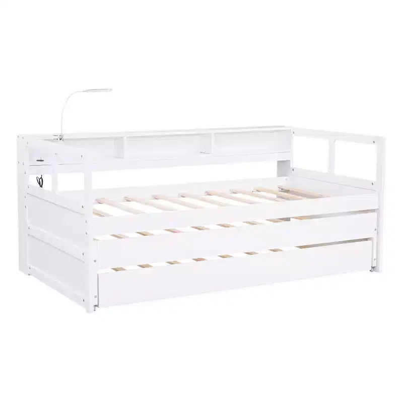 Lit de repos double XL avec 2 lits gigognes et étagères de rangement, cadre de canapé en bois avec port de chargement USB et 1 lampe offerte,