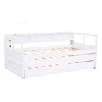 Lit de repos double XL avec 2 lits gigognes et étagères de rangement, cadre de canapé en bois avec port de chargement USB et 1 lampe offerte,