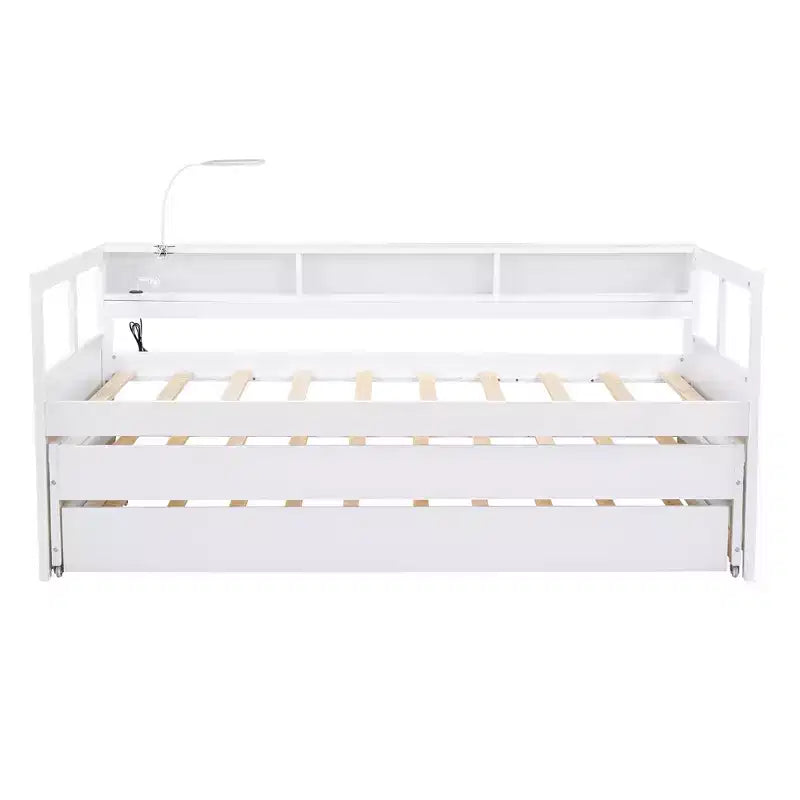 Lit de repos double XL avec 2 lits gigognes et étagères de rangement, cadre de canapé en bois avec port de chargement USB et 1 lampe offerte,