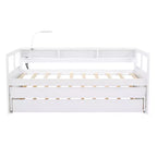 Lit de repos double XL avec 2 lits gigognes et étagères de rangement, cadre de canapé en bois avec port de chargement USB et 1 lampe offerte,