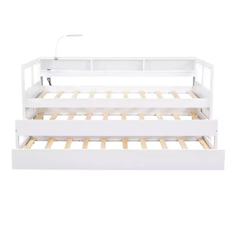 Lit de repos double XL avec 2 lits gigognes et étagères de rangement, cadre de canapé en bois avec port de chargement USB et 1 lampe offerte,