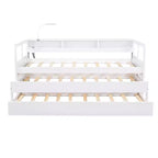 Lit de repos double XL avec 2 lits gigognes et étagères de rangement, cadre de canapé en bois avec port de chargement USB et 1 lampe offerte,
