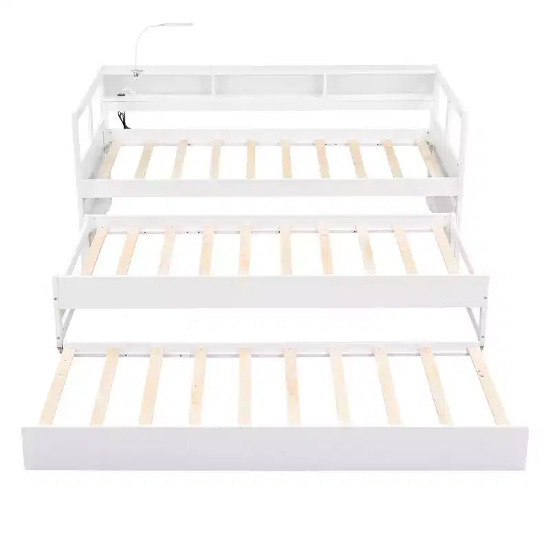 Lit de repos double XL avec 2 lits gigognes et étagères de rangement, cadre de canapé en bois avec port de chargement USB et 1 lampe offerte,