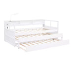 Lit de repos double XL avec 2 lits gigognes et étagères de rangement, cadre de canapé en bois avec port de chargement USB et 1 lampe offerte,