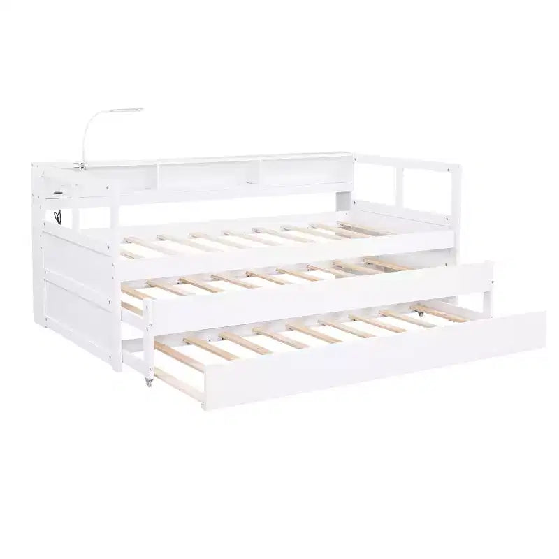 Lit de repos double XL avec 2 lits gigognes et étagères de rangement, cadre de canapé en bois avec port de chargement USB et 1 lampe offerte,