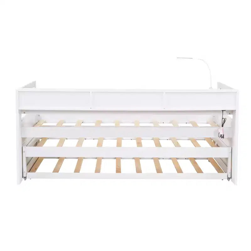 Lit de repos double XL avec 2 lits gigognes et étagères de rangement, cadre de canapé en bois avec port de chargement USB et 1 lampe offerte,