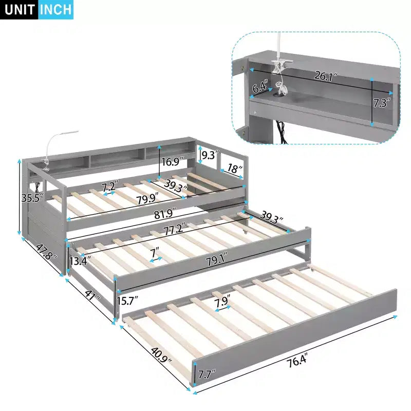Lit de repos double XL avec 2 lits gigognes et étagères de rangement, cadre de canapé en bois avec port de chargement USB et 1 lampe offerte,
