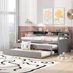 Lit de repos double XL avec 2 lits gigognes et étagères de rangement, cadre de canapé en bois avec port de chargement USB et 1 lampe offerte,