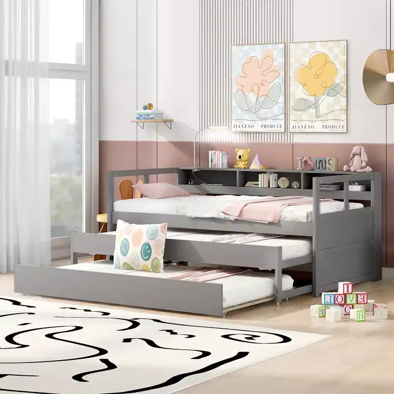 Lit de repos double XL avec 2 lits gigognes et étagères de rangement, cadre de canapé en bois avec port de chargement USB et 1 lampe offerte,