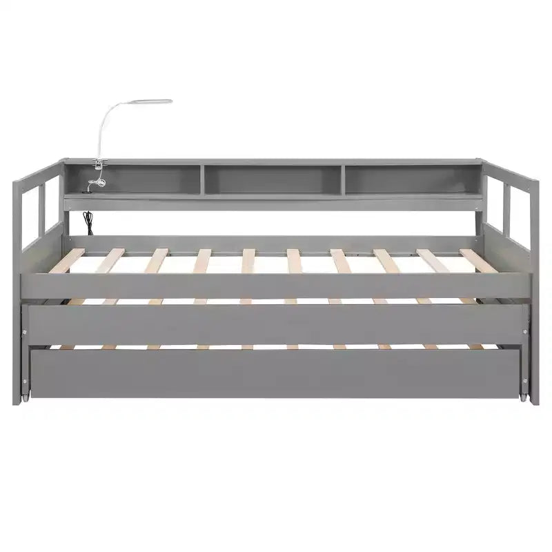 Lit de repos double XL avec 2 lits gigognes et étagères de rangement, cadre de canapé en bois avec port de chargement USB et 1 lampe offerte,