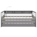 Lit de repos double XL avec 2 lits gigognes et étagères de rangement, cadre de canapé en bois avec port de chargement USB et 1 lampe offerte,