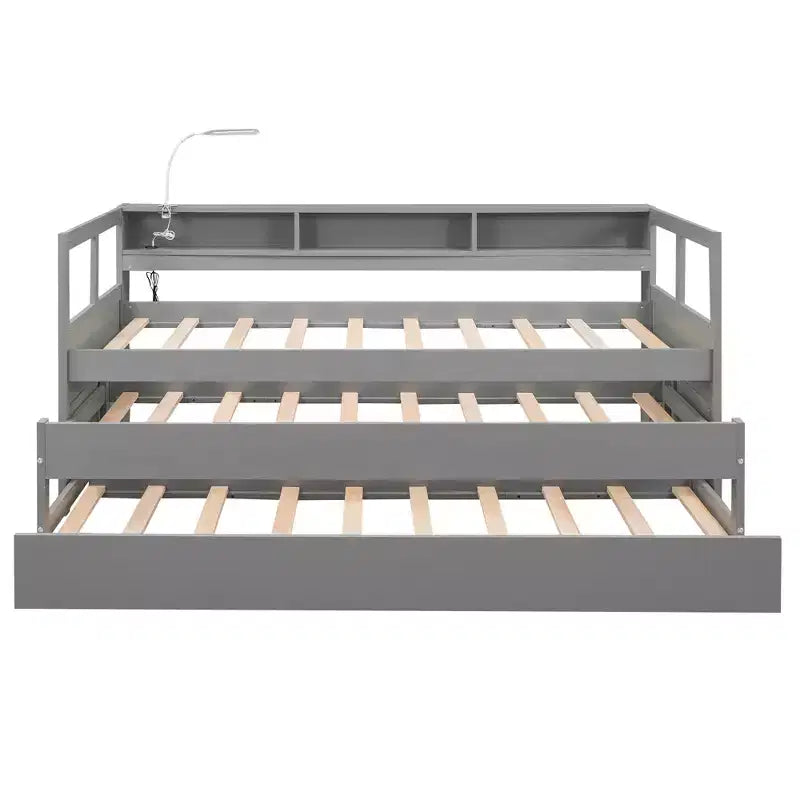 Lit de repos double XL avec 2 lits gigognes et étagères de rangement, cadre de canapé en bois avec port de chargement USB et 1 lampe offerte,