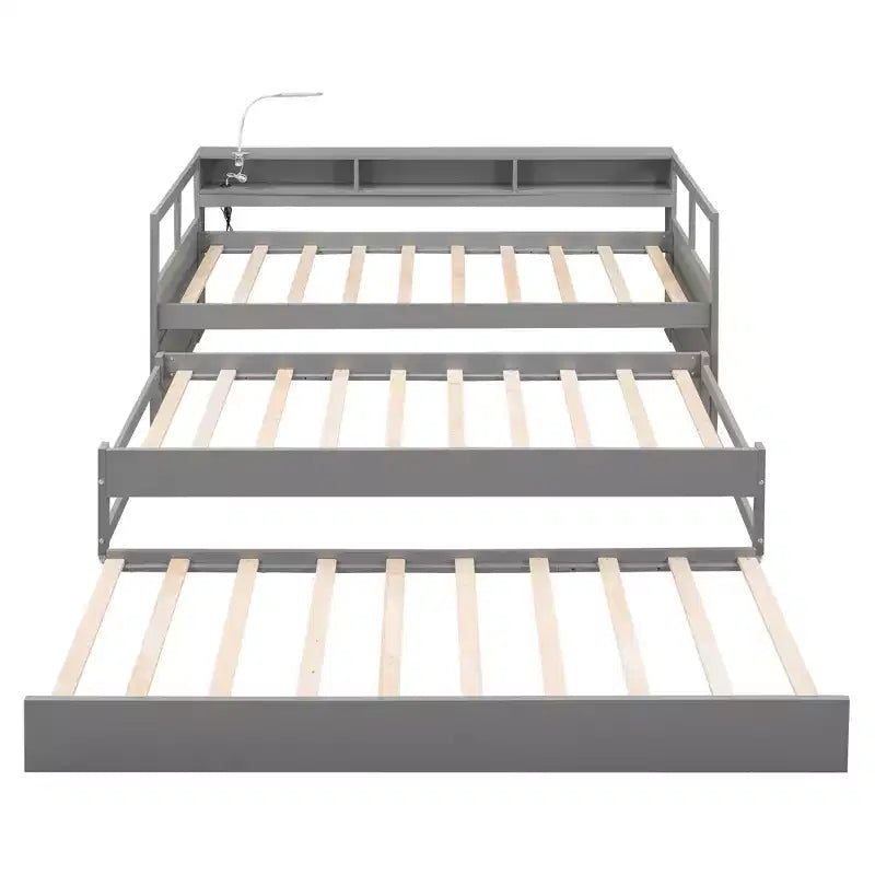 Lit de repos double XL avec 2 lits gigognes et étagères de rangement, cadre de canapé en bois avec port de chargement USB et 1 lampe offerte,