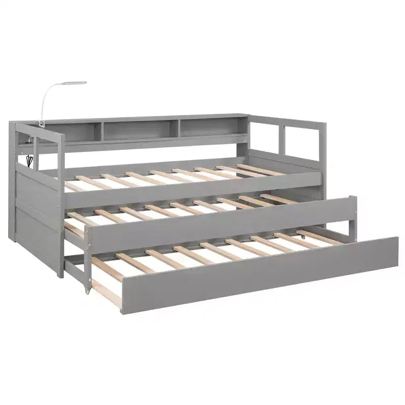 Lit de repos double XL avec 2 lits gigognes et étagères de rangement, cadre de canapé en bois avec port de chargement USB et 1 lampe offerte,