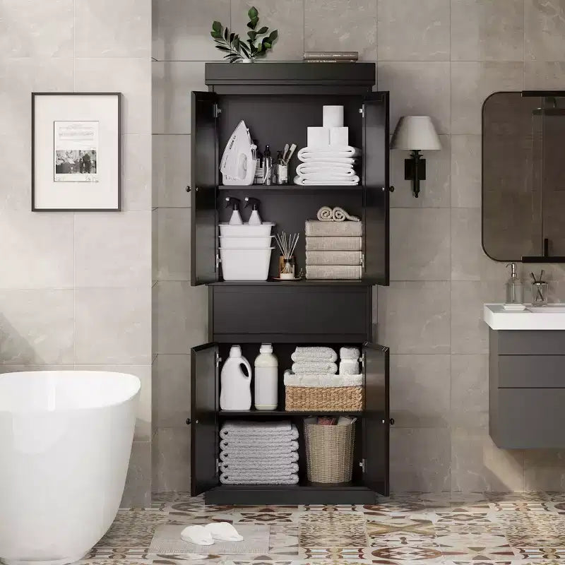 Rattan Kitchen Pantry Storage Cabinet,Cabinet,69 Freestanding Cupboard Cabinet with Drawer with Doors and Adjustable Shelves for Bathroom