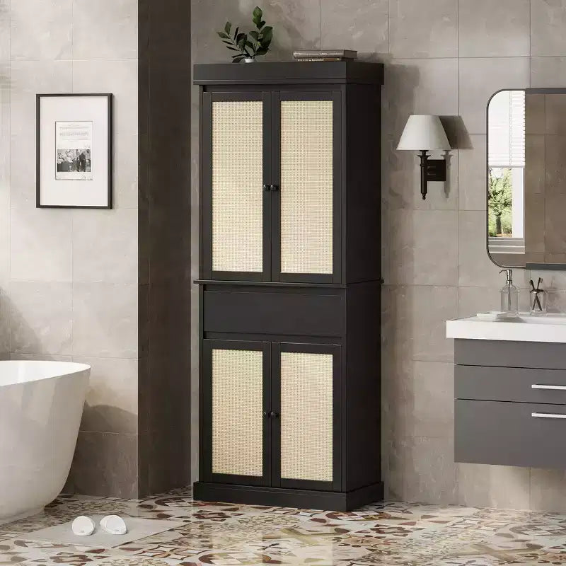 Rattan Kitchen Pantry Storage Cabinet,Cabinet,69 Freestanding Cupboard Cabinet with Drawer with Doors and Adjustable Shelves for Bathroom