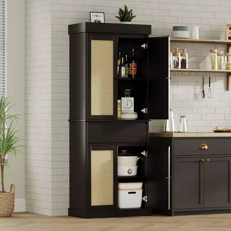 Rattan Kitchen Pantry Storage Cabinet,Cabinet,69 Freestanding Cupboard Cabinet with Drawer with Doors and Adjustable Shelves for Bathroom